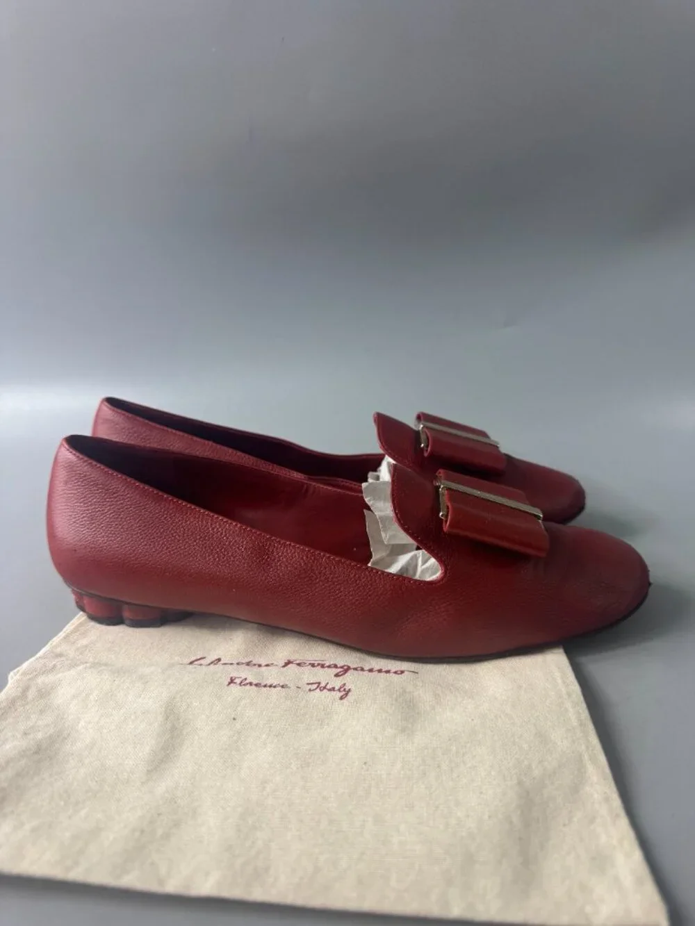Salvatore Ferragamo Red Leather Hausen Bow-detail Flat Pumps, Size 8.5